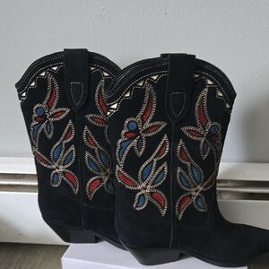 Marc Fisher Black Suede Western Combat Boots with Red & Blue Embroidery
